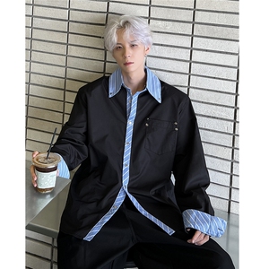 小众解构条纹假两件衬衫男秋冬季长袖上衣手工铆钉CS91-P58图片