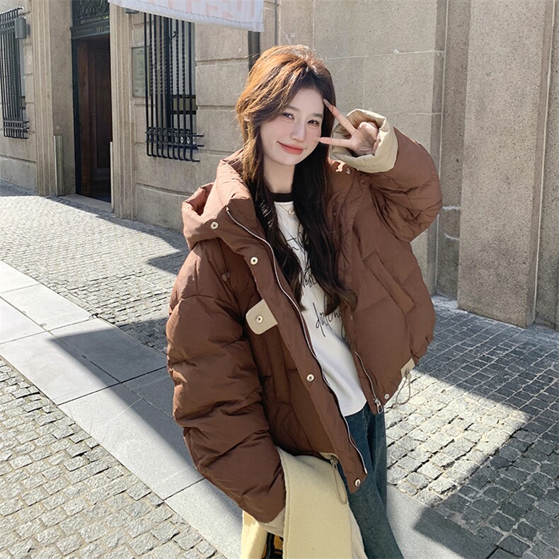 撞色设计连帽短款羽绒服女冬季2025新款面包服白鸭绒外套栗子色,女装羽绒服,2C129