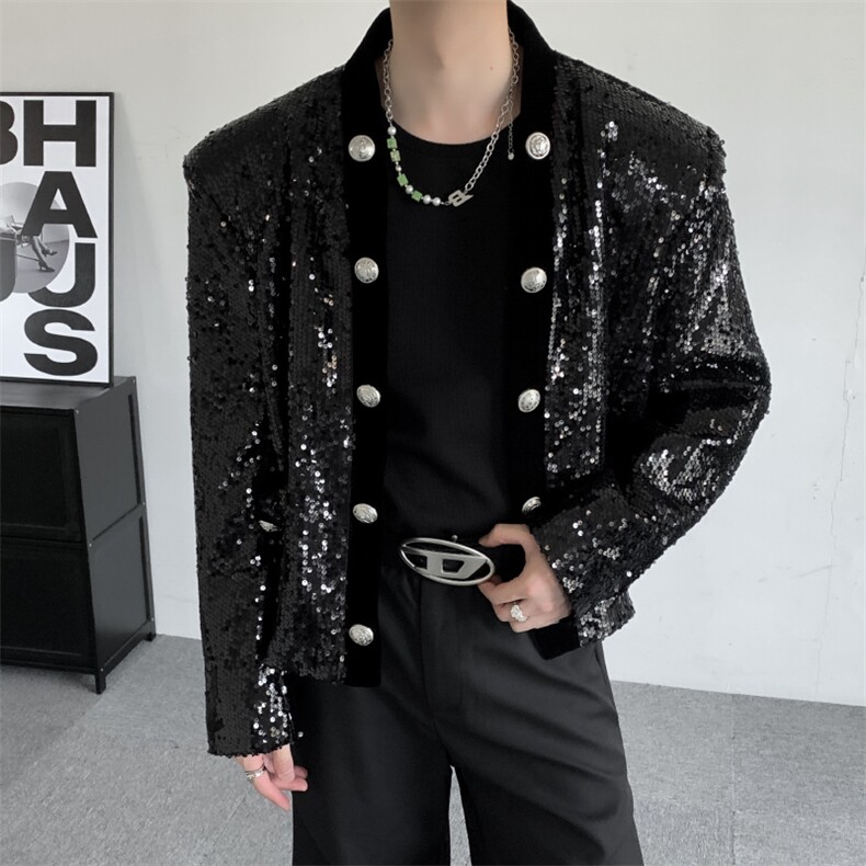 明星同款年会演唱会短款开衫短款西服外套男亮片西装夹克外套，男装西服，星座909