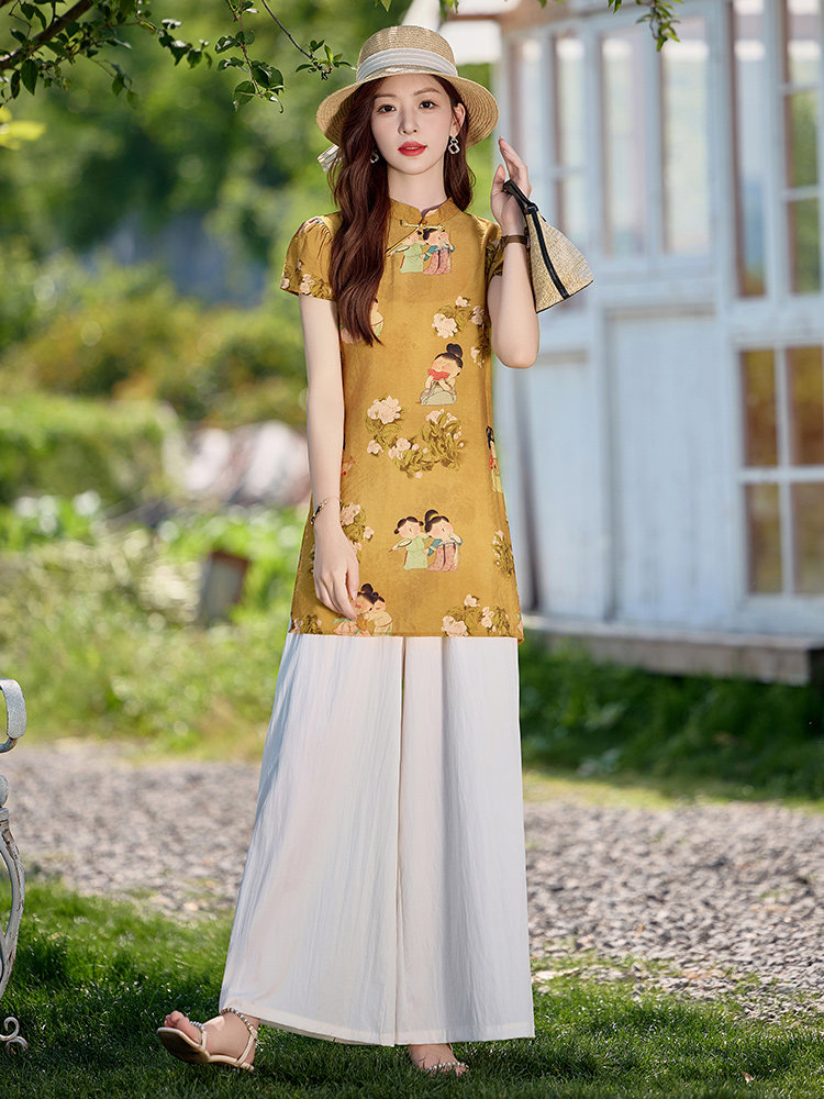 现货新中式套装女2025夏季新款高级感巨好看盘扣上衣阔腿裤,女装套装/套裙,涵墨