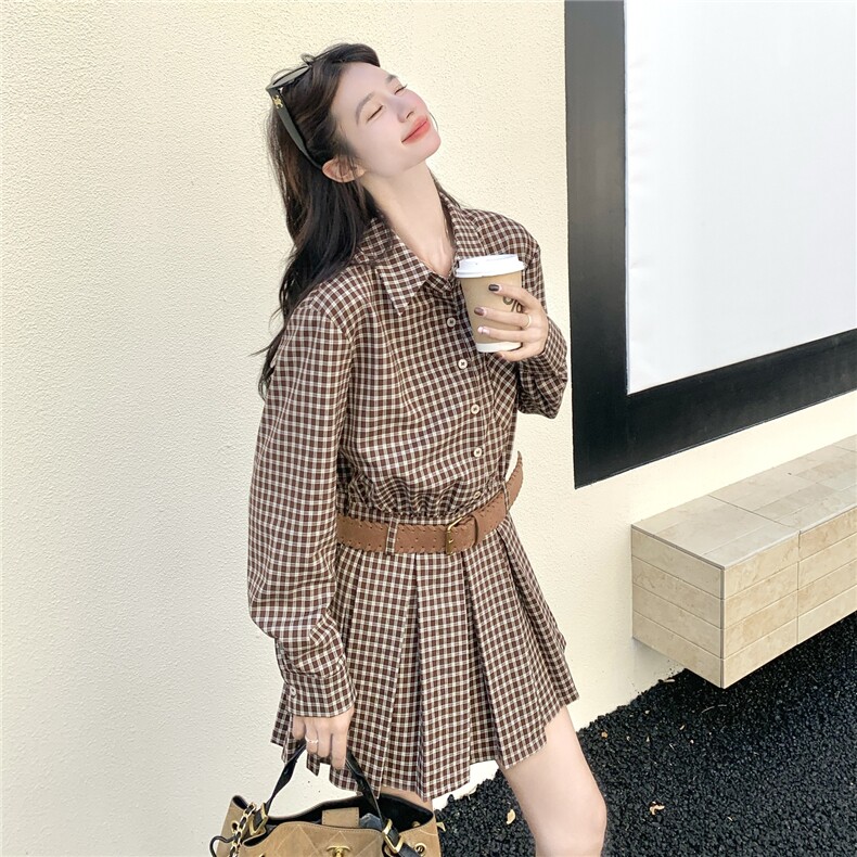 学院风格子衬衫套装女2025秋季新款韩系小个子气质减龄短裙两件套,女装套装/套裙,2C012