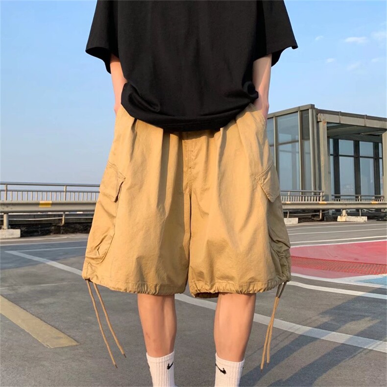 wassuphappy卡其色短裤男生夏季薄款潮牌工装中裤宽松阔腿五分裤,男装休闲裤,星座1008
