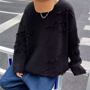 破洞毛衣男宽松潮流百搭休闲下摆开叉针织衫线衣外套外穿M14/P42图片