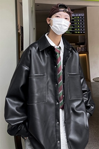 男装秋季港风纯色休闲男宽松PU皮衣夹克外套衬衫 A071-C28-P75图片
