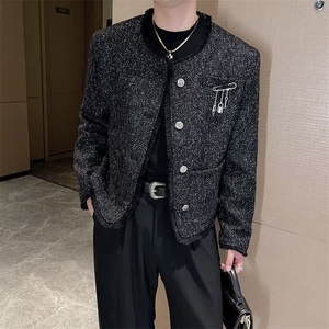 小香风毛绒西装外套男秋冬季高级感韩版潮流宽松加厚短款夹克上衣