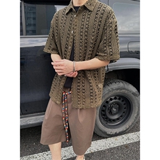 军绿色镂空针织短袖衬衫男高级感老钱风穿搭半袖衬衣cleanfit外套，男装T恤，星座1213