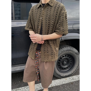 军绿色镂空针织短袖衬衫男高级感老钱风穿搭半袖衬衣cleanfit外套图片