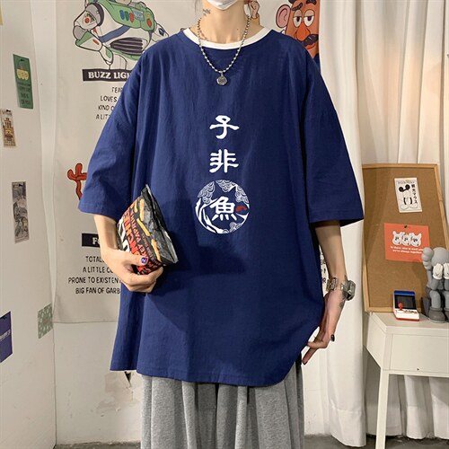 YT26070-P30亚麻短袖t恤男大码五分袖男宽松七分袖海报风,男装T恤,电商A040