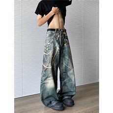 温婉同款糖果链条3D错觉印花弯刀时髦设计感直筒阔腿牛仔长裤，男装休闲裤，星座601-1