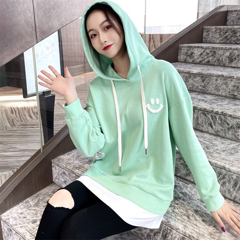 2021春季新款时尚假两件连帽卫衣宽松显瘦长袖上衣女,女装卫衣/绒衫,深水步