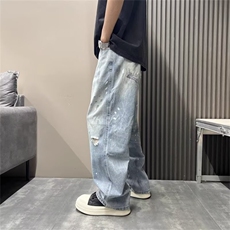 秋季新款破洞泼墨涂鸦复古牛仔裤男士韩版宽松阔腿痞帅直筒拖地裤，男装牛仔裤，电商B212（原钱塘6029）