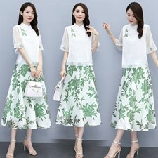 现货夏季新款时尚优雅气质复古领口绣花两件套装裙，女装套装/套裙，然然