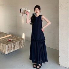 法式温柔风无袖连衣裙2025新款夏裹身圆领网纱拼接优雅无袖背心裙，女装连衣裙，2C305