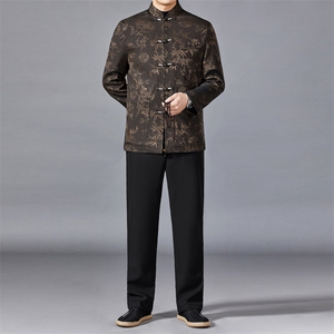 中老年男士唐装爸爸装生日礼服竹叶花加绒唐装休闲保暖汉服套装图片