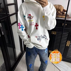秋冬彩色十字架刺绣皮标连帽衫潮个性街头加绒套头卫衣男JA197，男装卫衣，星座208-5