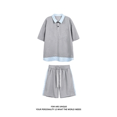 抖音品质夏季新款假两件短袖POLO衫潮牌休闲套装男-A2119TP50控78，男装T恤，电商B241