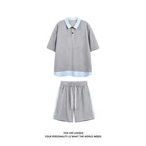 抖音品质夏季新款假两件短袖POLO衫潮牌休闲套装男-A2119TP50控78图片