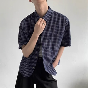 日系复古格纹青少年短袖衬衫男女夏季新款宽松百搭格子百搭衬衣潮图片