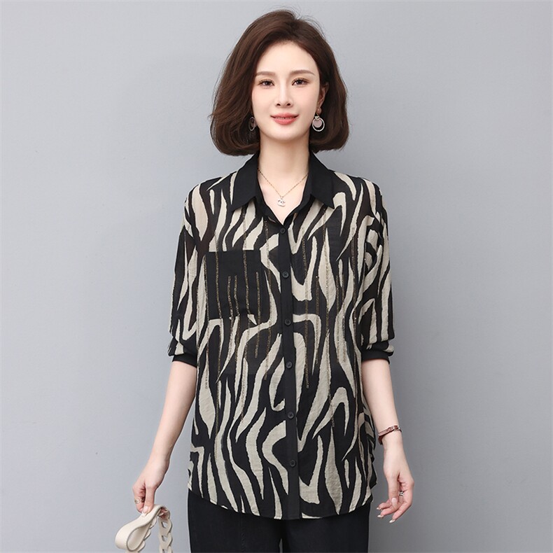 时尚春季宽松镶钻斑马纹衬衫女,女装衬衫,叶笙衣