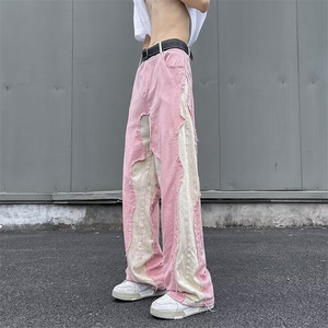 DQ19-P65美式牛仔裤潮牌设计感拼色宽松显瘦阔腿裤直筒拖地裤子图片