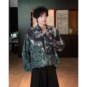 CS1152-特批38 控68 秋季新款新中式撞色拼接长袖冰丝衬衫大码男图片