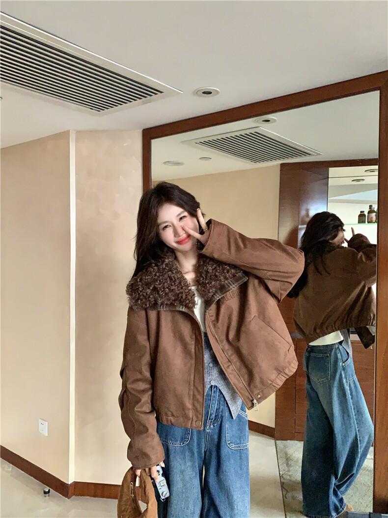 【}xian货】25冬季新款，麂皮羽绒外套带可拆卸毛毛大翻领,女装短外套,2C283