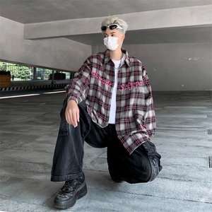 美式刺绣格子衬衫短袖男痞帅高级感格纹衬衣cleanfit外套图片