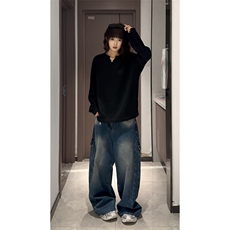 美式高街千鸟格子长袖T恤男女亨利V领英伦雅痞休闲宽松长袖打底衫，男装T恤，电商A443