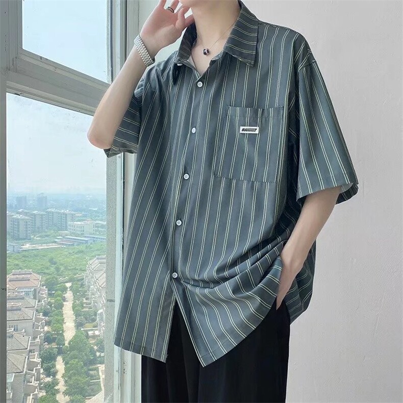 条纹衬衫男士短袖韩版潮流文艺百搭2024夏季新款ins外套CY865-P23,男装衬衫,星座412-2