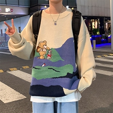 潮牌慵懒风小熊情侣毛衣日系古着男卡通针织衫复古毛衣M229-P46，男装针织衫/毛衣，星座512-4