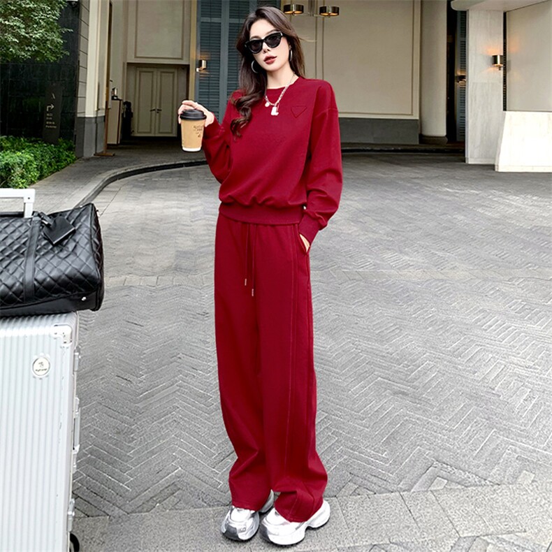 女春季新款圆领刺绣卫衣阔腿卫裤两件套图片