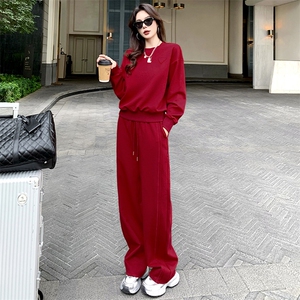 女春季新款圆领刺绣卫衣阔腿卫裤两件套图片