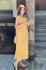 黄色超好看洋气百搭连衣裙女2025夏季新款韩系松弛感减龄无袖长裙，女装连衣裙，2C166