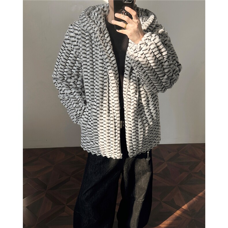 冬季男士棉服兔毛条纹绒虎皮纹宽松加绒加厚外套棉衣特p95,男装棉衣,电商B319