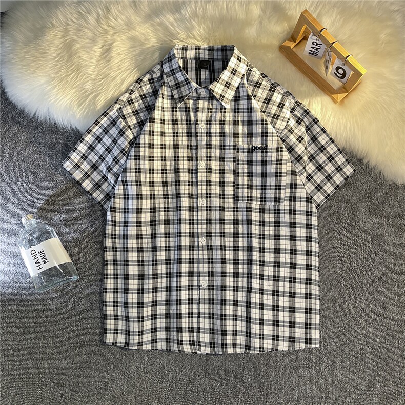 B413-1-CS335格子衬衫男口袋绣花短袖夏季薄款休闲衬衣帅气寸衫,男装衬衫,电商B413-1