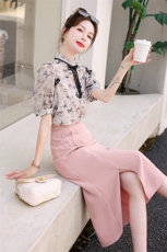 夏季新款优雅气质时尚两件套修身显瘦花边上衣+高腰包臀半身裙轻熟风女装套装，女装套装/套裙，橙子家