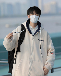 美式复古ins宽松卫衣棉服冬季羊羔毛加绒连帽外套男 W7973-P74图片