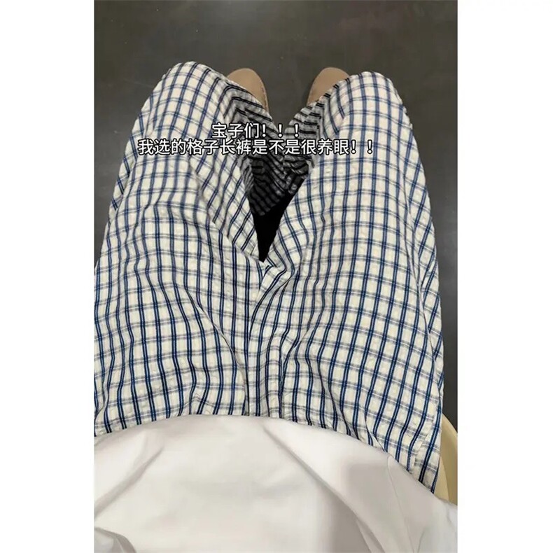 美式vibe潮流蓝色格纹夏季薄款格子休闲裤阔腿裤男生裤子高街穿搭，女装休闲裤，星座1210-1