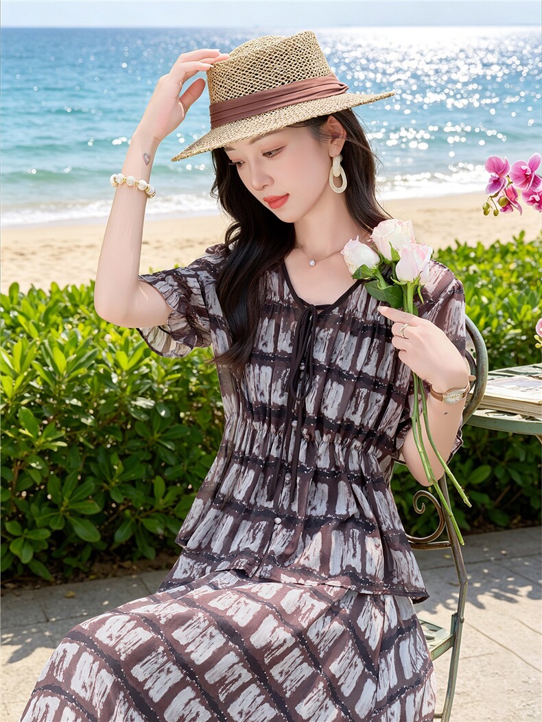 时尚休闲格纹显瘦系带上衣木耳边半裙超仙两件套女,女装套装/套裙,水衣源