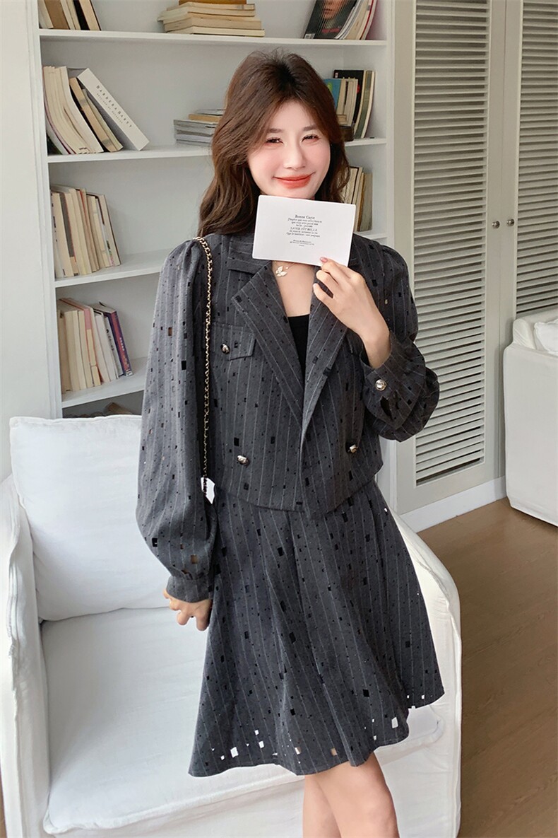 学院风穿搭高级灰色小西服套装女2025春秋独特漂亮短裙气质两件套,女装套装/套裙,2C028