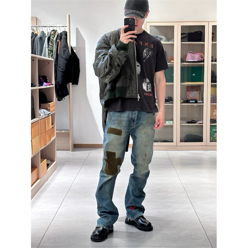 ERD忧郁的富二代贴布拼接丝绒灼烧修长洗水刀割破坏微喇牛仔裤,男装牛仔裤,四季星座505