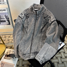 美式做旧重工水洗牛仔外套立领设计感街头机车夹克男JK08636-P75，男装夹克，星座308B-1