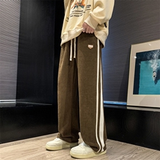 港风秋款男裤灯芯绒条纹拼接直筒贴标宽松休闲长裤h915P35，男装休闲裤，星座1013-1