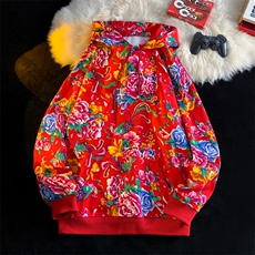 W203秋新款男女团队服大花连帽卫衣外套潮民族特色花卫衣情侣装，男装民族服装，星座115A-1