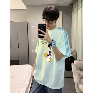 抖音得物品质二开240克宽松纯棉美式潮牌印花三条杠中性风短袖T恤图片