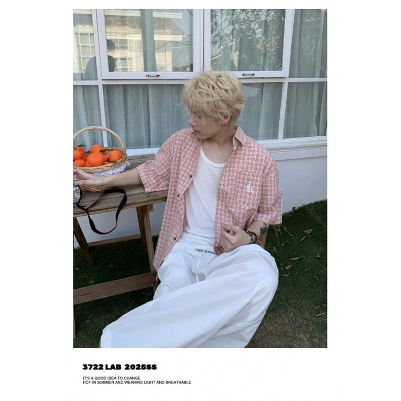 夏季美式复古格子短袖衬衫男刺绣翻领五分袖沙滩氛围感薄款衬衣男,男装T恤,星座506A