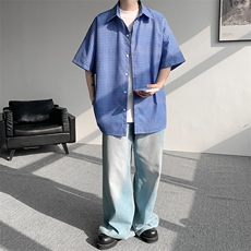 8XL-M短袖衬衫男夏宽松慵懒风痞帅条纹格子衫半袖外套DC28005P40，男装衬衫，电商B312