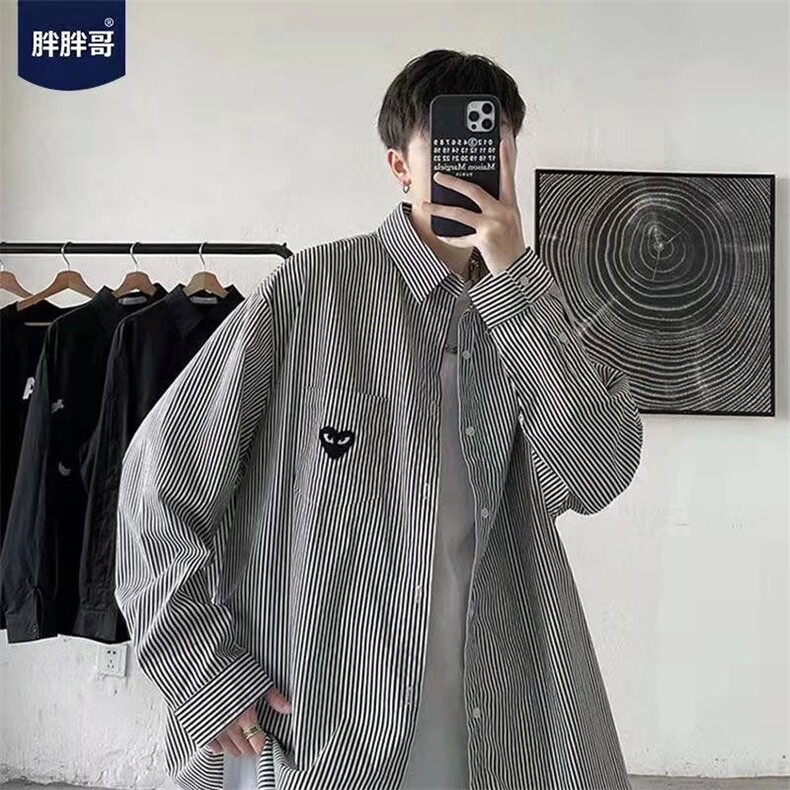 条纹衬衫男长袖港风宽松休闲衬衣情侣ins潮流痞帅大码300斤外套,男装衬衫,星座1210-1