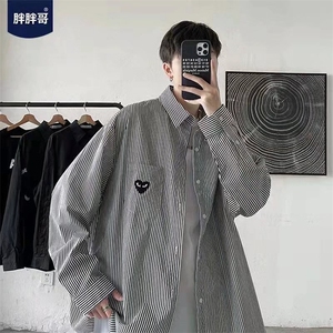 条纹衬衫男长袖港风宽松休闲衬衣情侣ins潮流痞帅大码300斤外套图片