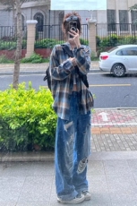美式复古格子衬衫男春秋季长袖休闲宽松港风潮流装衬衣外套网图，男装衬衫，星座302B